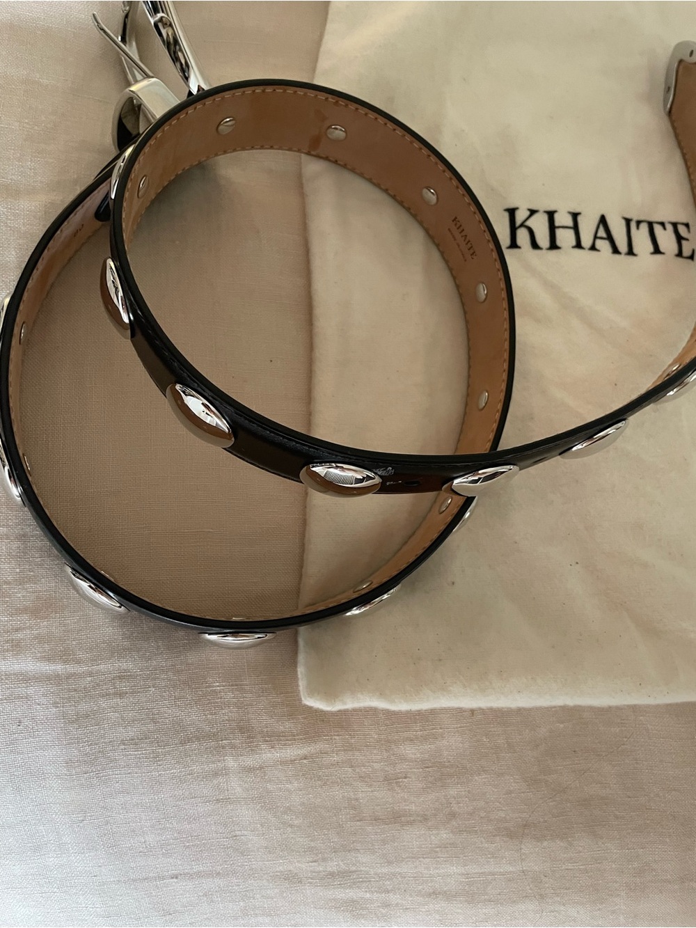 KHAITE Benny Belt. BLack Leather Studded Belt with Silver Accents